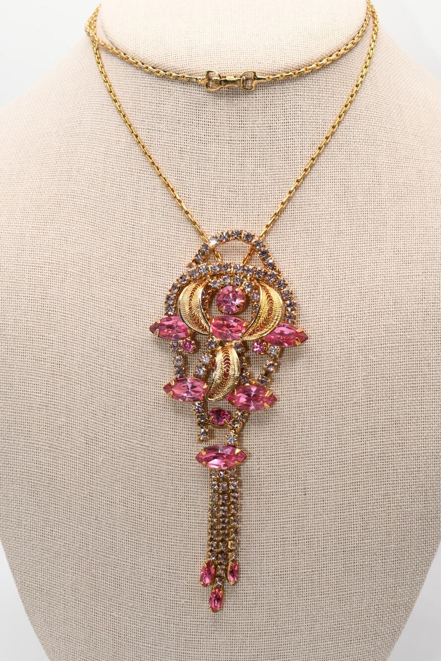 Vintage Pink Rhinestone Pendant Necklace Gold Tone Dangle 24"